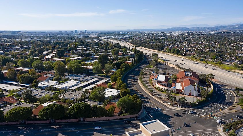 Day time aerial view of the downtown area of Laguna Woods, California