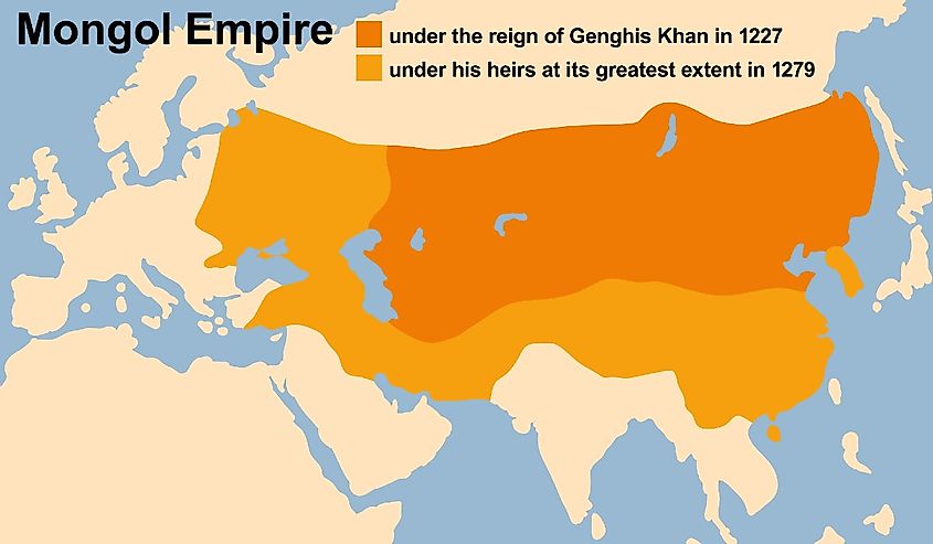 Genghis Khan's Mongol Empire in 1227 and at its greatest extent in 1279.