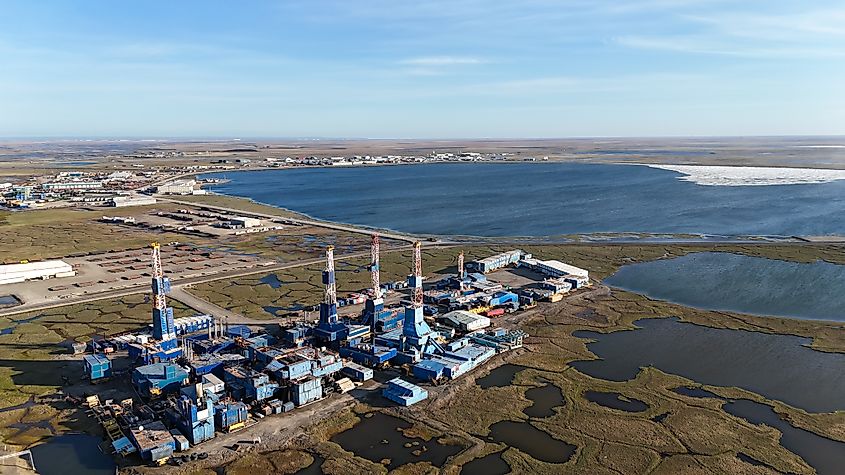 aerial view of north slope oil field and infrastructure amid arctic landscape