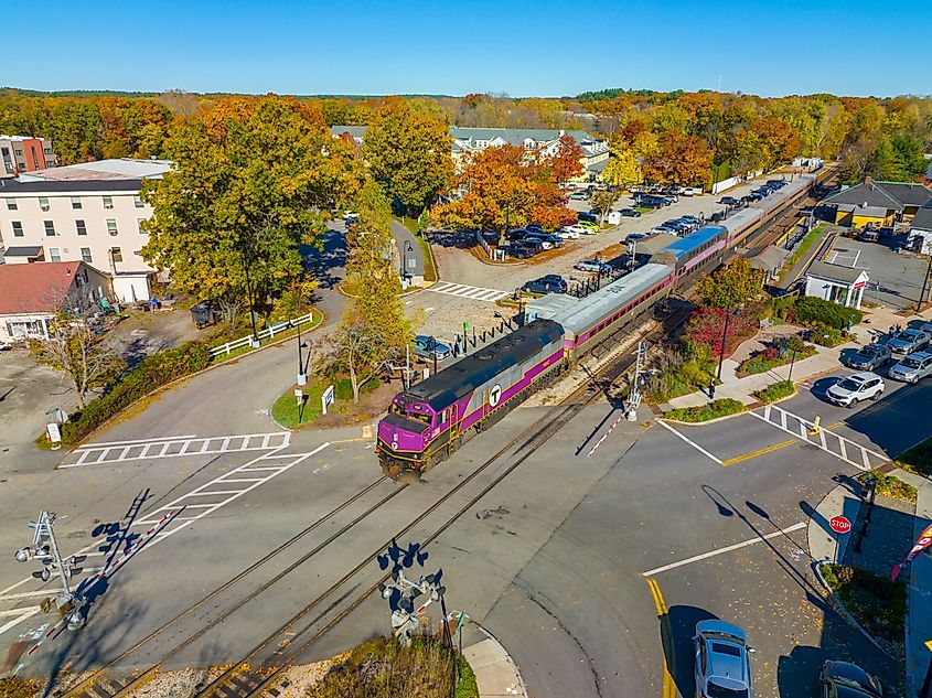 Train moving through the town of Concord, Massachusetts.