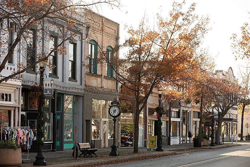 Late afternoon sun shines on historic downtown architecture, Oroville, California.
