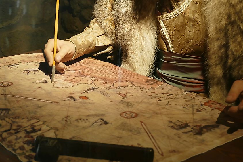 Piri Reis cartographer drawing a map, Kalitbahir, Turkey