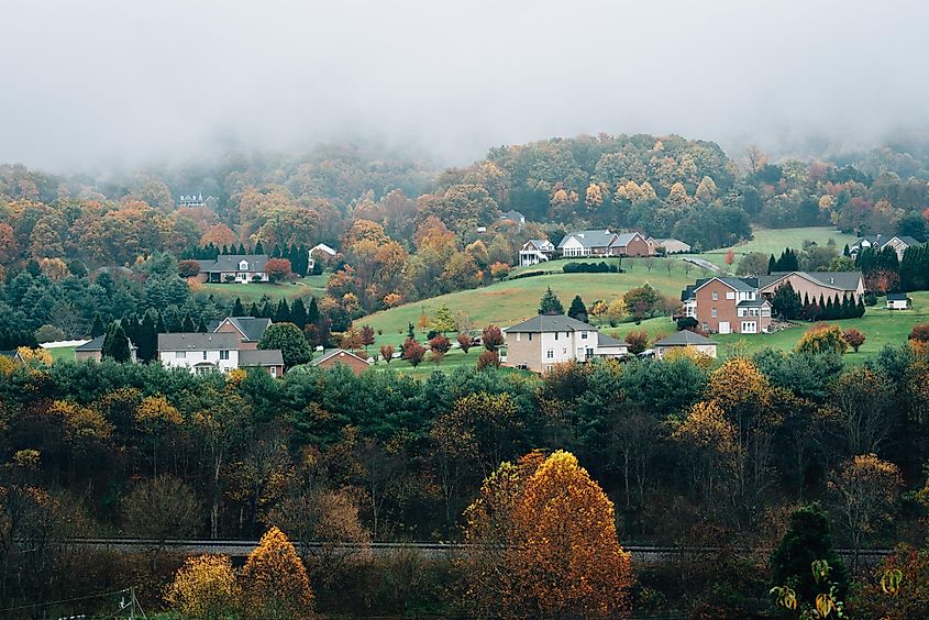 Foggy Appalachian autumn view from the Blue Ridge Parkway, near Roanoke, Virginia
