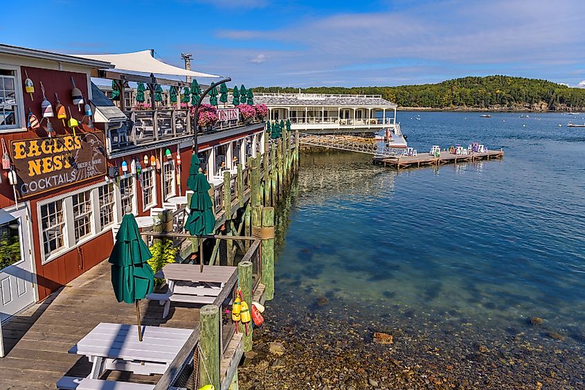 The pier along the shore of Frenchman Bay in Bar Harbor, Maine