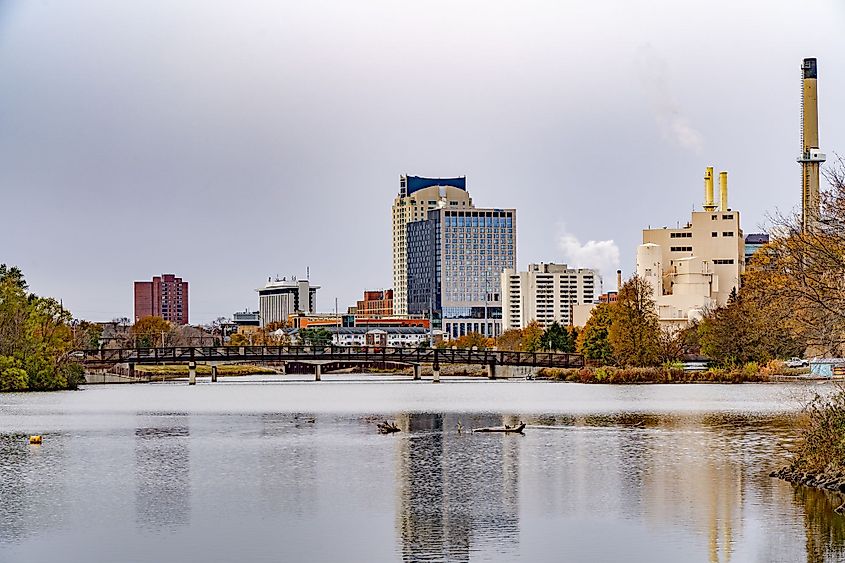 The Rochester city skyline reflected in silver lake, downtown Rochester, Minnesota.