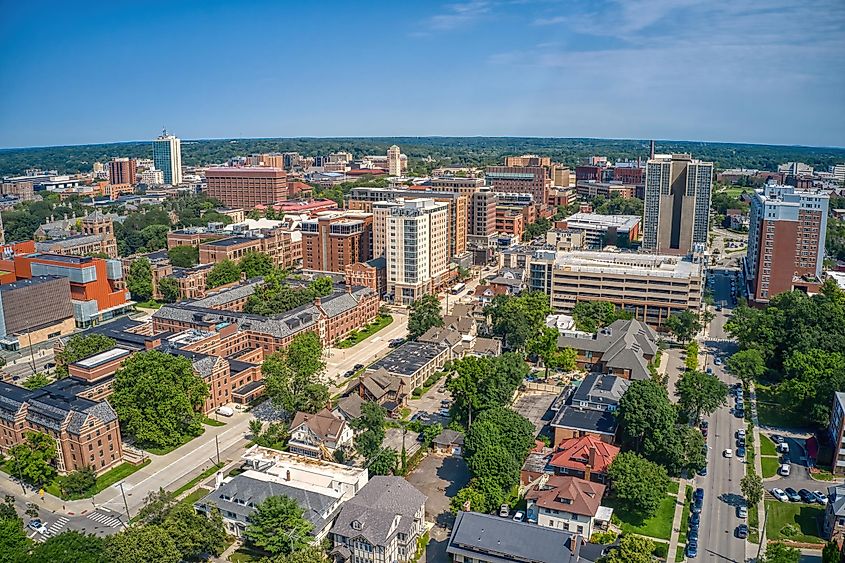 Aerial view of the college town of Ann Arbor, Michigan.