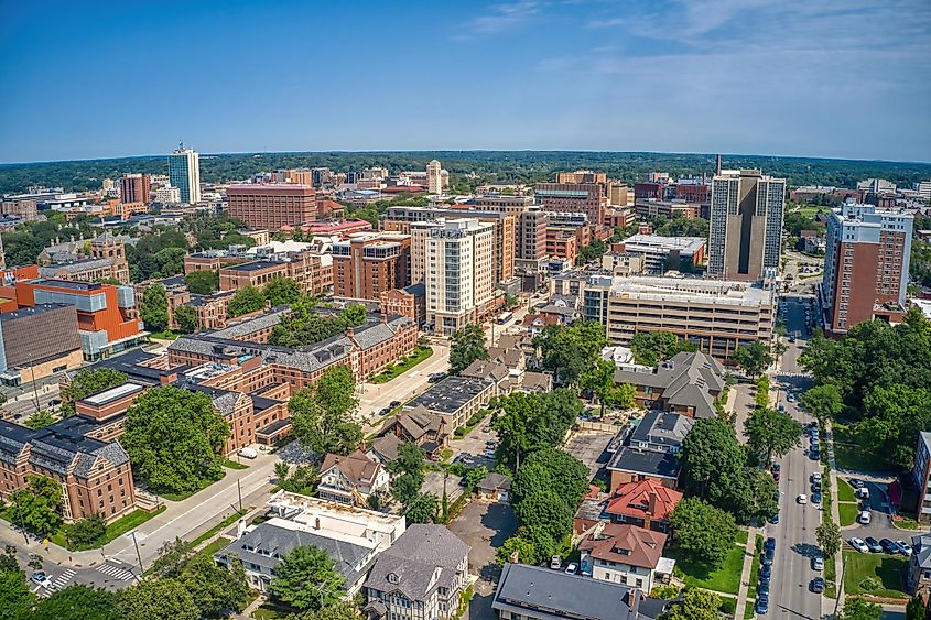 Aerial view of the college town of Ann Arbor, Michigan.