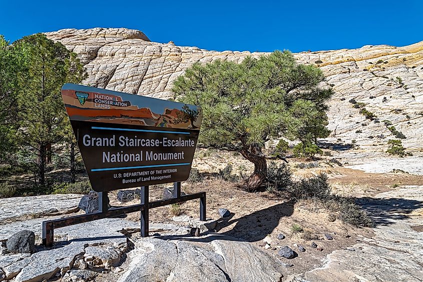 A sign marks the entrance to the Grand Staircase-Escalante National Monument in Boulder, Utah