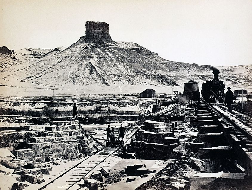 Construction of a railroad bridge in Green River, Wyoming