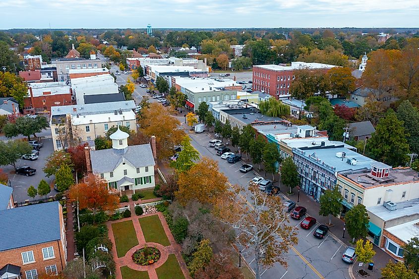 Aerial View of Businesses on Broad Street in Edenton, North Carolina. 