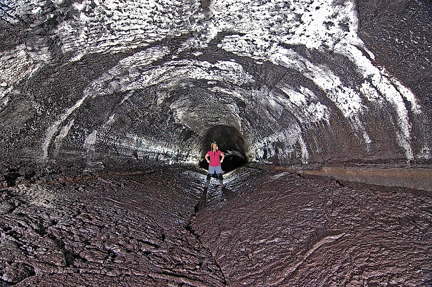 Arched passages in the main tube show the classic lava tube shape. Kazumura Cave. 
