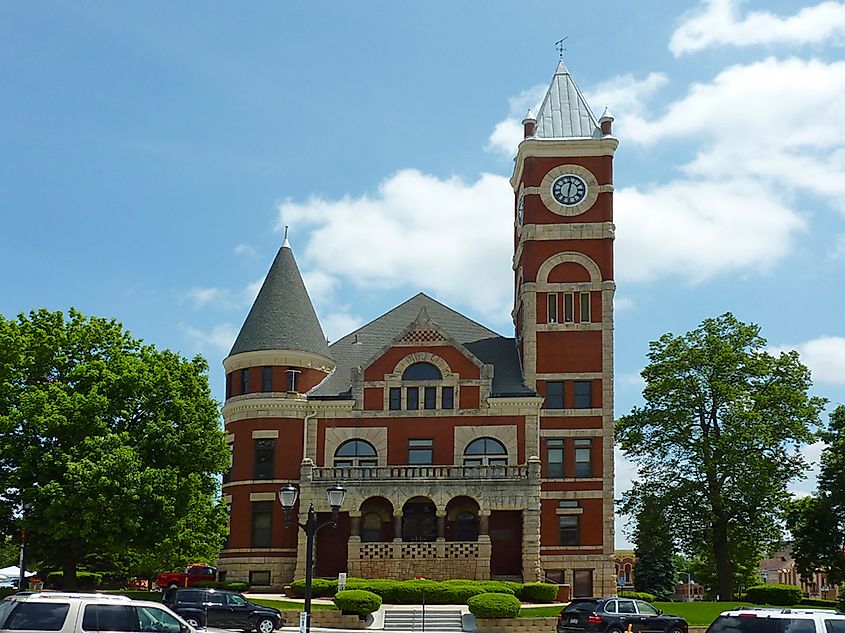 The 1891 Green County Courthouse on the town square in Monroe, Wisconsin. James Steakley, CC BY-SA 3.0 <https://creativecommons.org/licenses/by-sa/3.0>, via Wikimedia Commons