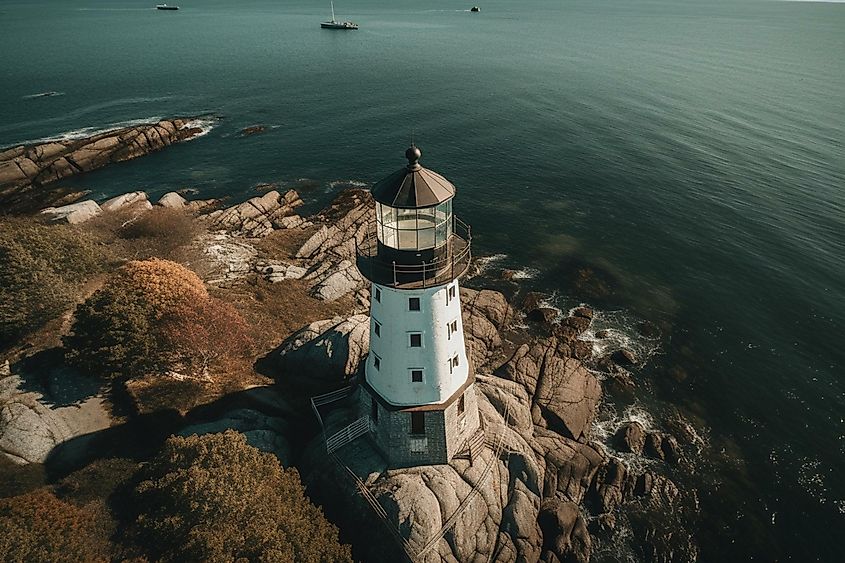 Aerial view of Warwick Point's lighthouse in Warwick, Rhode Island