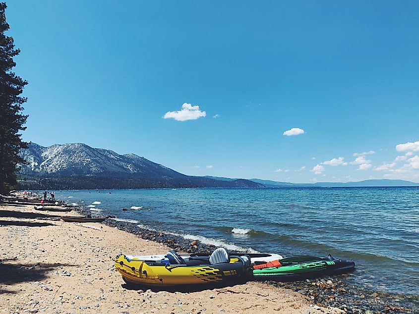 Inflatable boats on Lake Tahoe, California.