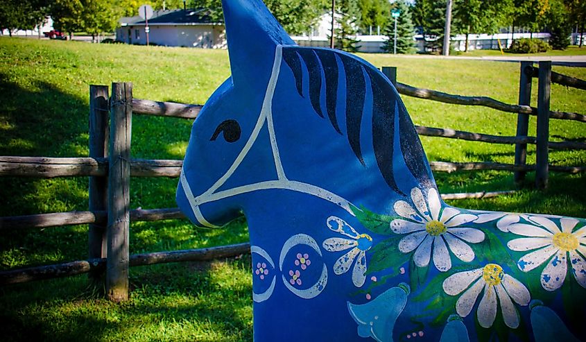 Traditional painted and decorated Dala Horse wooden statue symbolizes the Swedish and Norwegian culture of the small Minnesota town of Scandia