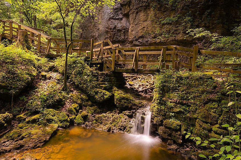 Serene scene of gently cascading water at Clifton Gorge State Nature Preserve in western Ohio. 