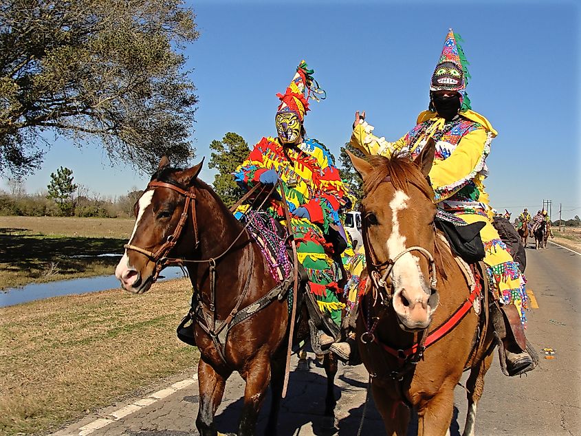 Two Cajun Mardi Gras horseback rider in Eunice, Louisiana.
