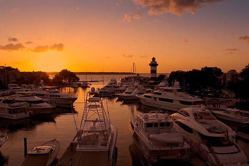 Sun setting in a marina in Hilton Head Island, South Carolina.