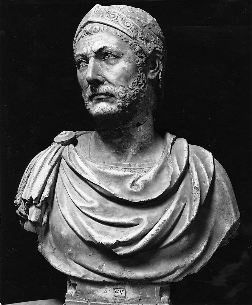 A glass plate photograph of the marble bust of Hannibal Barca. The bust of the Carthaginian general was discovered in the Italian city of Capua in 1667. The Roman era bust was made between the 1st century BC and 4 century AD (I sec.a.C.- IV sec. d.C.). It is preserved in the National Archaeological Museum of Naples. The photograph was taken by Fratelli Alinari in the National Archaeological Museum, Naples, Italy, circa 1900.