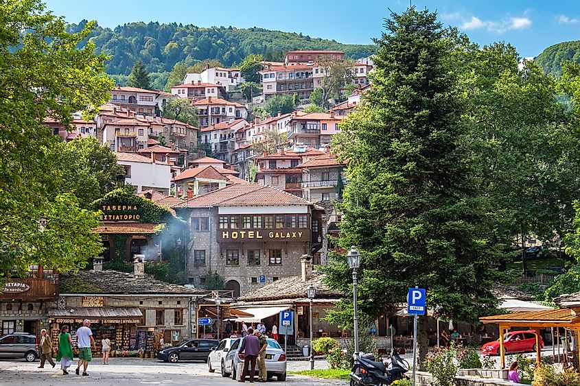 Tourists visiting in Metsovo - town in Epirus on the mountains of Pindus in northern Greece