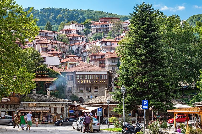 Tourists visiting in Metsovo - town in Epirus on the mountains of Pindus in northern Greece