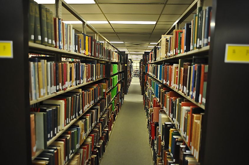 ALBUQUERQUE, NM / USA - DECEMBER 13 2010: Stacks of hardcover books on bookshelves inside the Zimmerman Library on the University of New Mexico campus, Albuquerque.