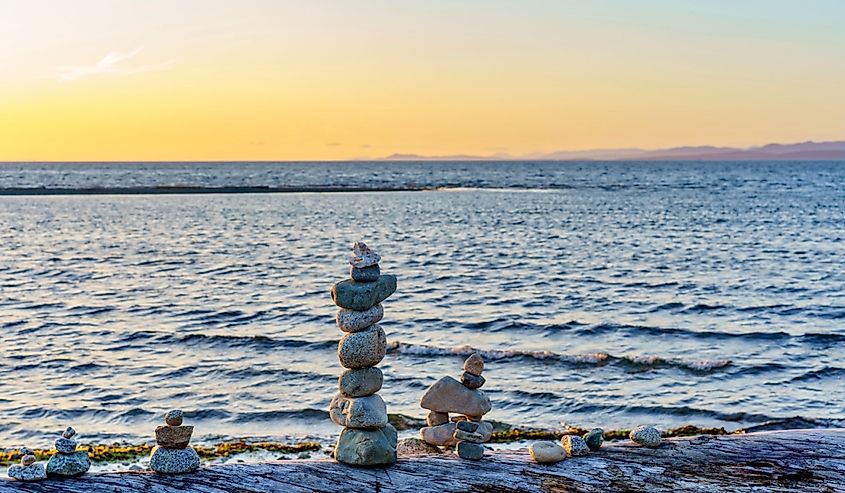 Rock piles at scenic beach in Parksville, BC, Canada