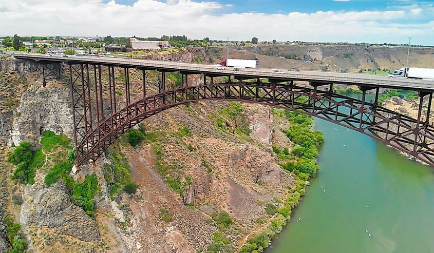 Perrine Memorial Bridge aerial view in Jerome, Idaho.