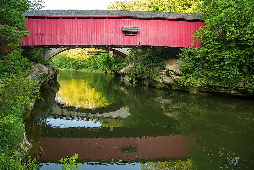 The Narrows Covered Bridge crosses Sugar Creek at the eastern edge of Turkey Run State Park.