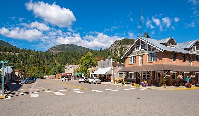 The main street shops and businesses of the rural town of Metaline Falls, Washington