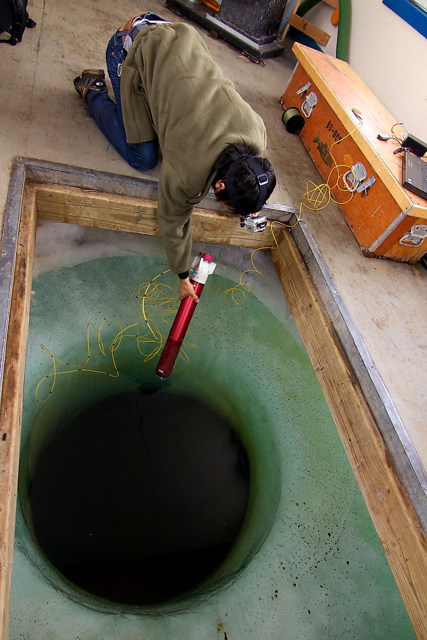 A student tests the Micro-Submersible Lake Exploration Device used to access Antarctic subglacial Lake Whillans