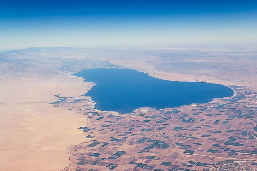 Aerial view of the Salton Sea in California, with the New River draining into it.