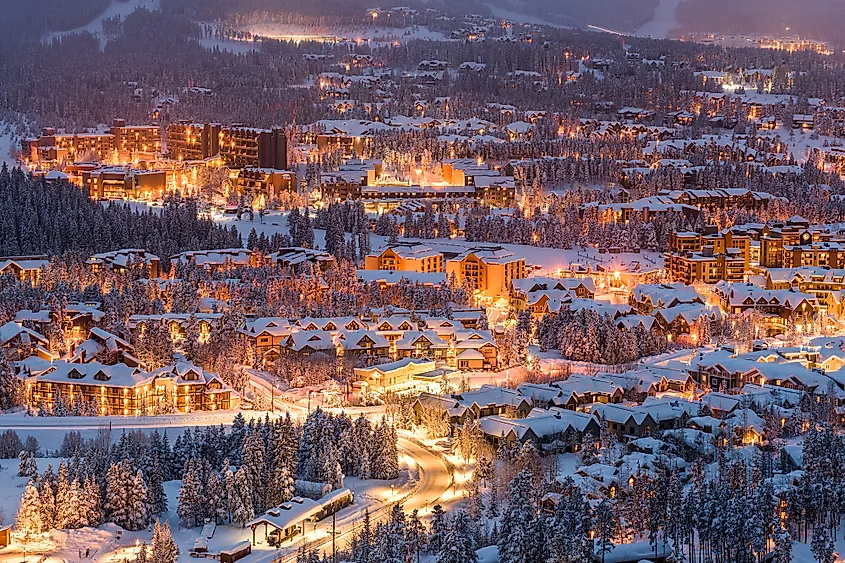 Aerial view of Breckenridge in winter.