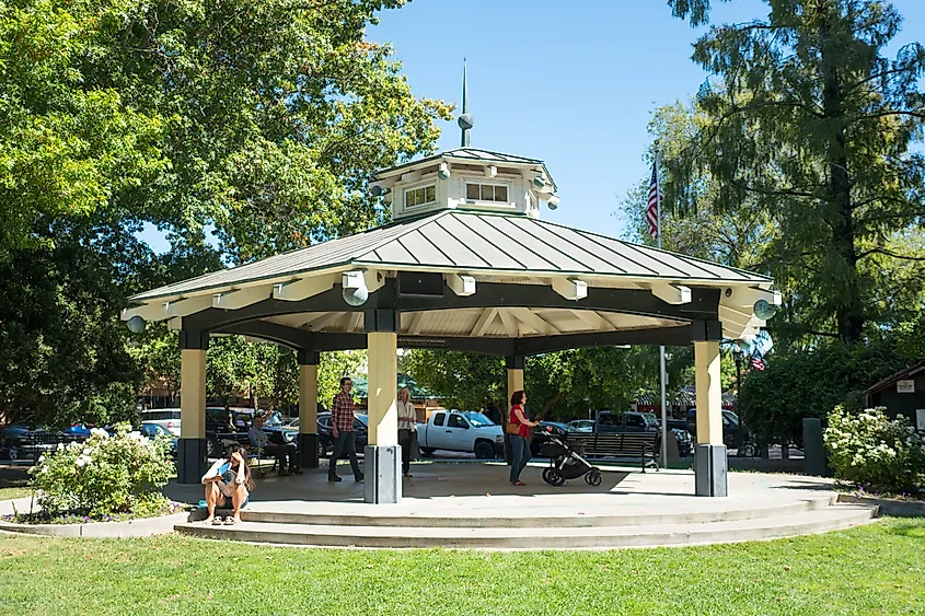 People in the central plaza in the Sonoma County wine country town of Healdsburg, California