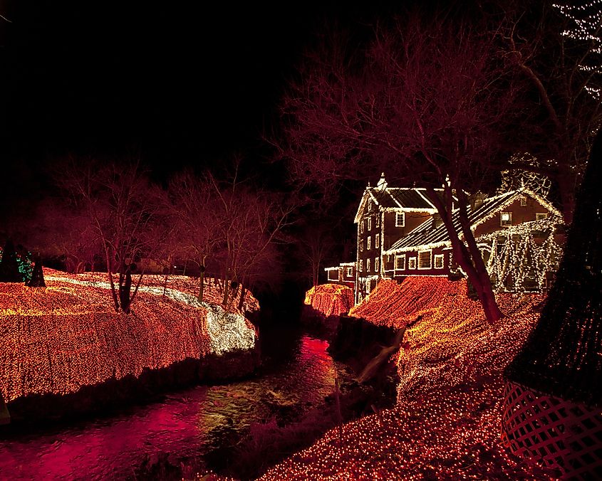 Clifton Mill is adorned with festive Christmas lights in Clifton, Ohio