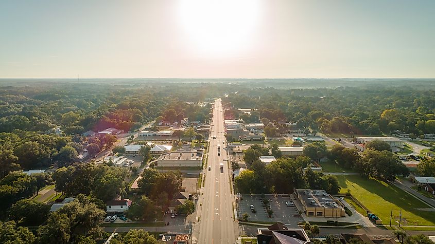 Aerial view of downtown Williston, Florida.