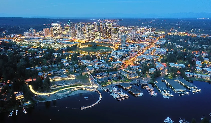 Drone shot of the city of Bellevue from above