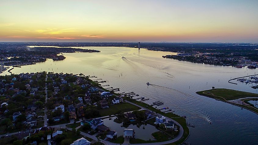 Aerial view of Nassau Bay, Texas, in evening light.