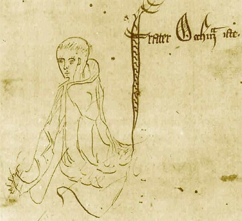  Sketch labelled 'frater Occham iste'. Illustration of William of Ockham, from a 1341 manuscipt of Ockham's Summa Logicae