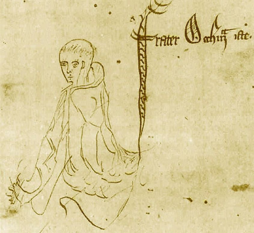 Sketch labelled 'frater Occham iste'. Illustration of William of Ockham, from a 1341 manuscipt of Ockham's Summa Logicae