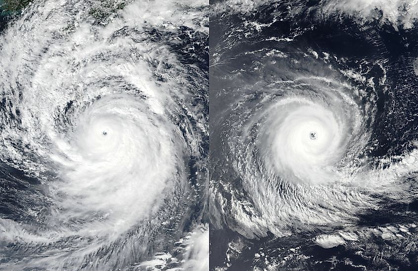 Due to the Coriolis force, low-pressure systems in the Northern hemisphere, like Typhoon Nanmadol (left), rotate counterclockwise, and in the Southern hemisphere, low-pressure systems like Cyclone Darian (right) rotate clockwise.