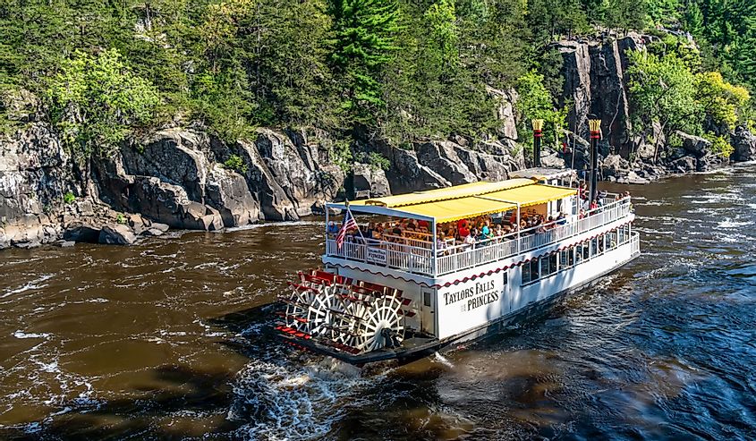 Unidentified people aboard the Taylors Falls Princess river boat on the St. Croix River at Interstate Park.