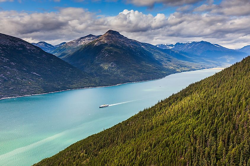 Aerial view of Lynn Canal fjord and waterway in Alaska.