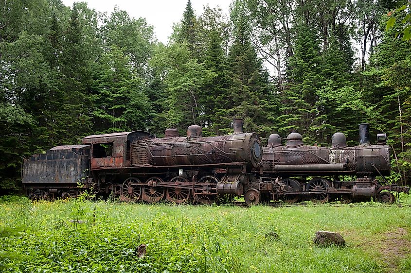 Abandoned steam locomotives in the Allagash Wilderness Waterway, Maine.