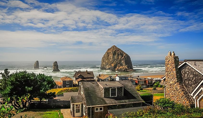 Overlooking homes at Cannon Beach, and Haystack Rock.