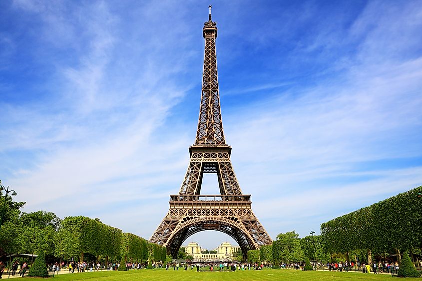The Eiffel Tower in Paris, the wrought-iron lattice tower at the western end of the Champ de Mars.