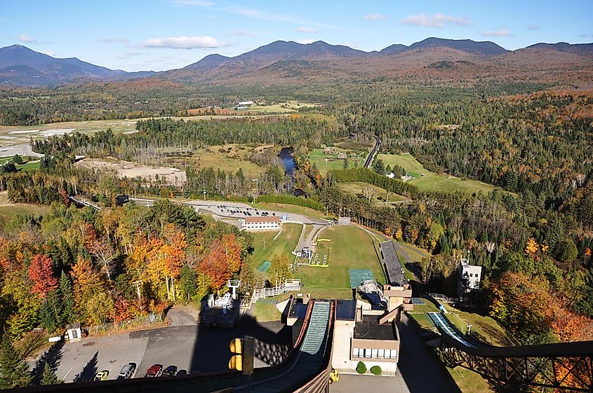 Adirondack Mountains in fall, view from the Ski Jump observation deck in Lake Placid