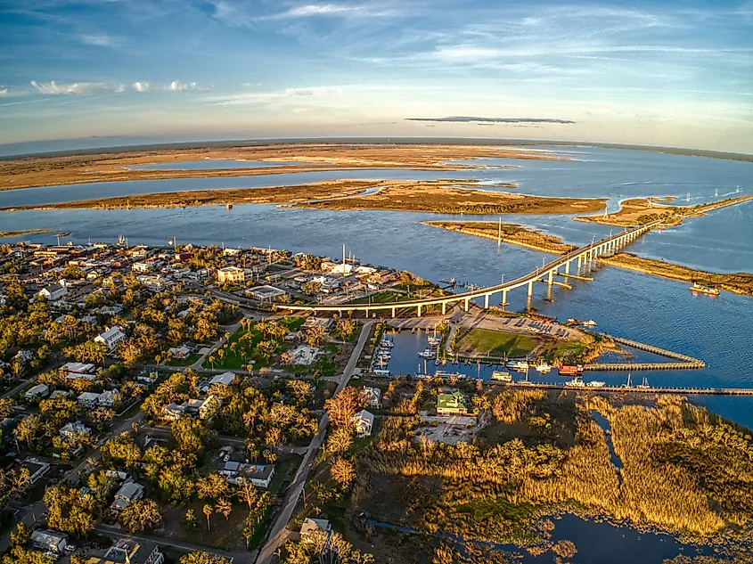Aerial view of the Gulf coast town of Apalachicola, Florida.