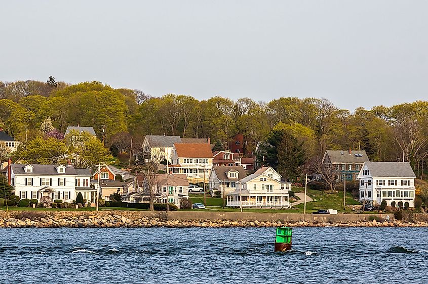 View of Sakonnet River and a small residential neighborhood in Tiverton, Rhode Island