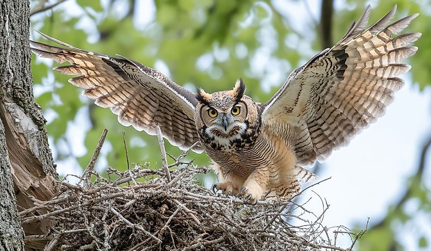 A striking image of a great horned owl in full flight, wings outstretched, as it hovers above its nest. 